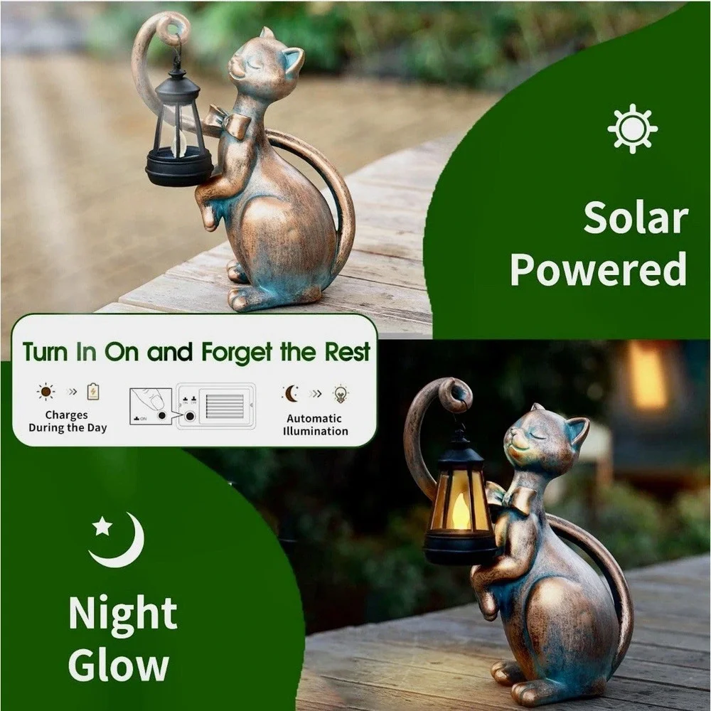 Solar Powered Cat Garden Statue Lighted Lantern Sculpture Outdoor Yard Art Decor
